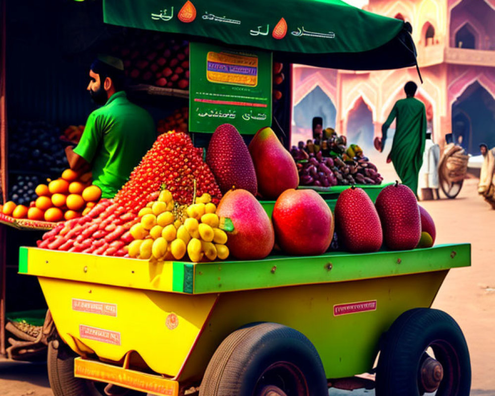 Fruit cart with assorted fruits under green canopy by historical building