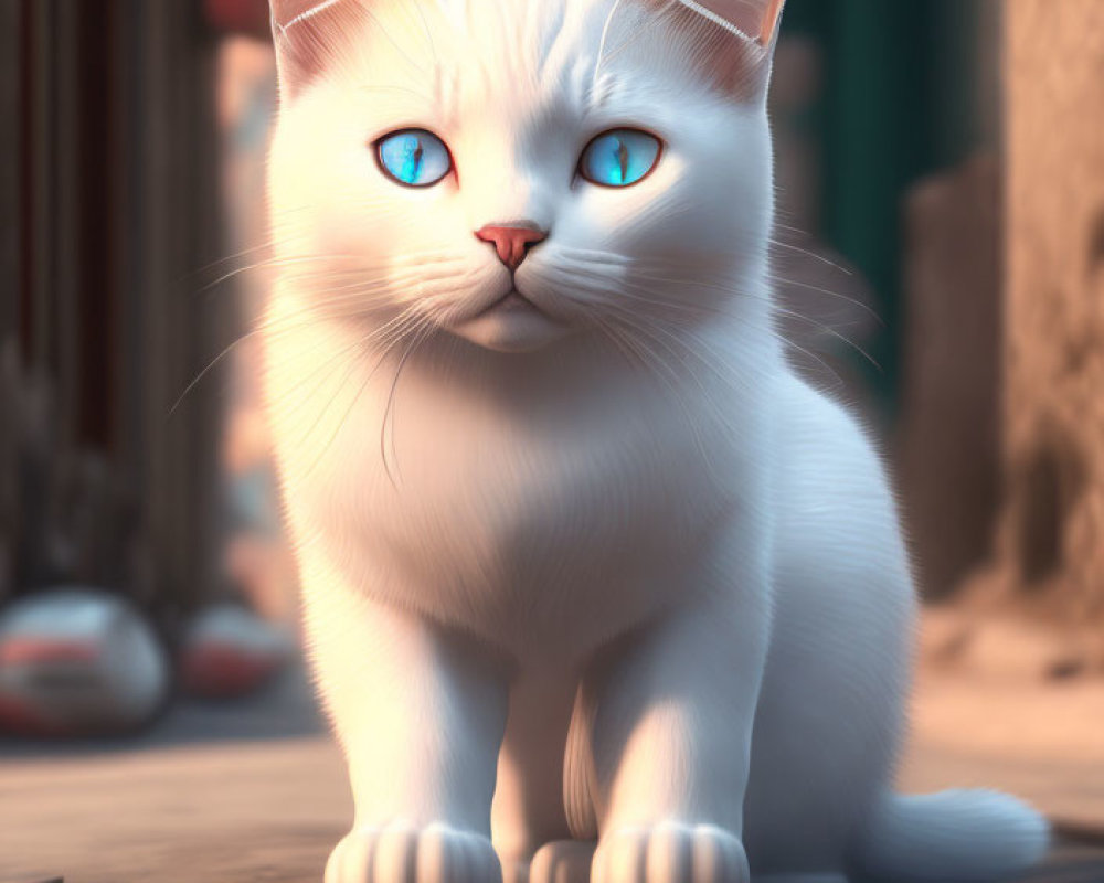 Realistic 3D White Cat with Blue Eyes on Cobblestone Street