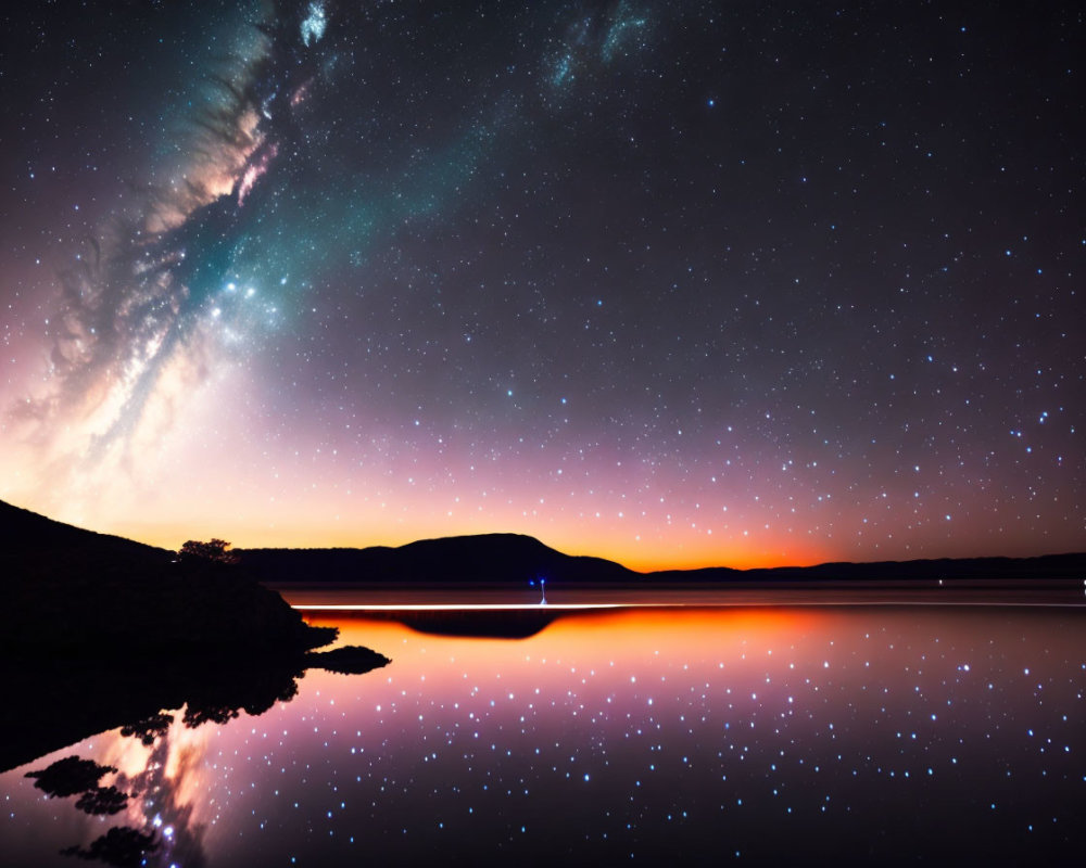 Starry Night Sky Reflected on Lake with Silhouetted Hills