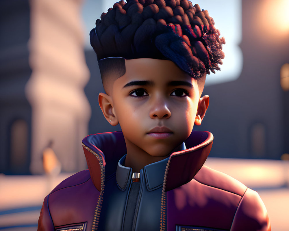 Stylish young boy in modern jacket in sunny cityscape