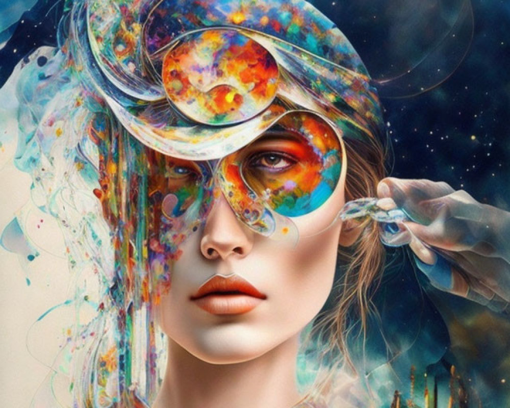 Surreal portrait of a woman with cosmic paint and celestial elements