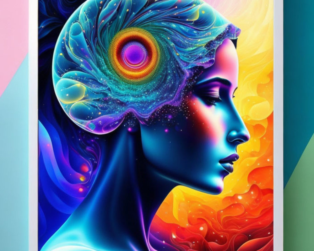 Colorful profile view artwork of a woman with psychedelic patterns and peacock feather design