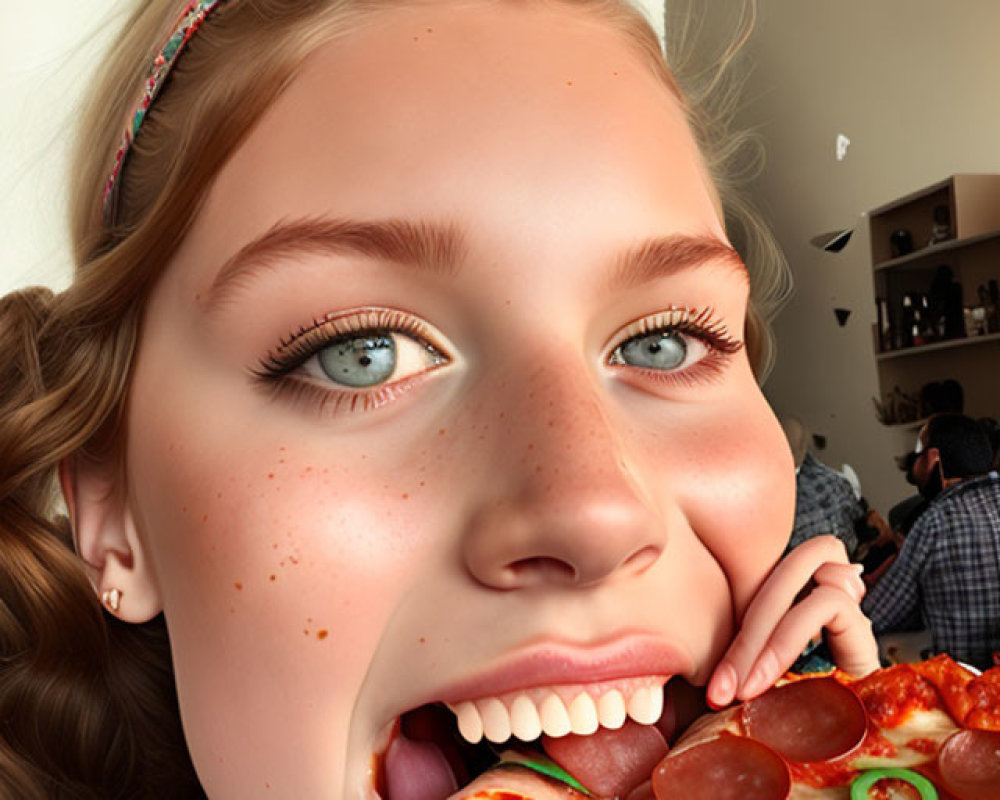 Young person smiling with freckles eating pepperoni and green pepper pizza in room.
