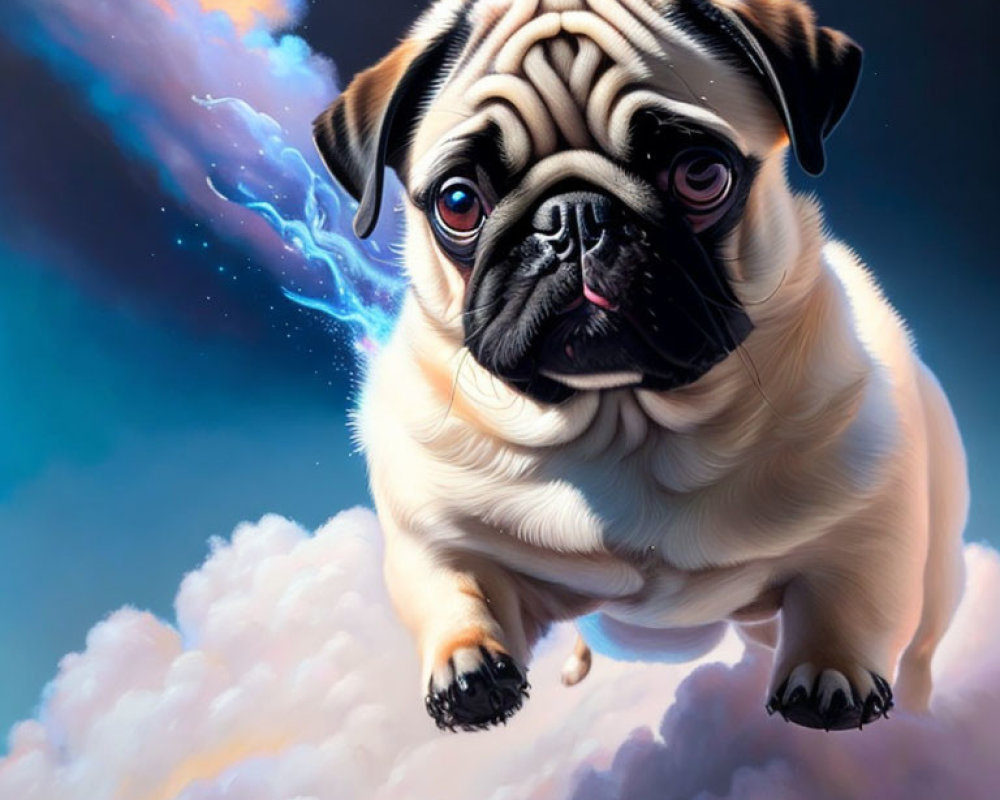 Whimsical pug illustration flying in blue sky with magical mist
