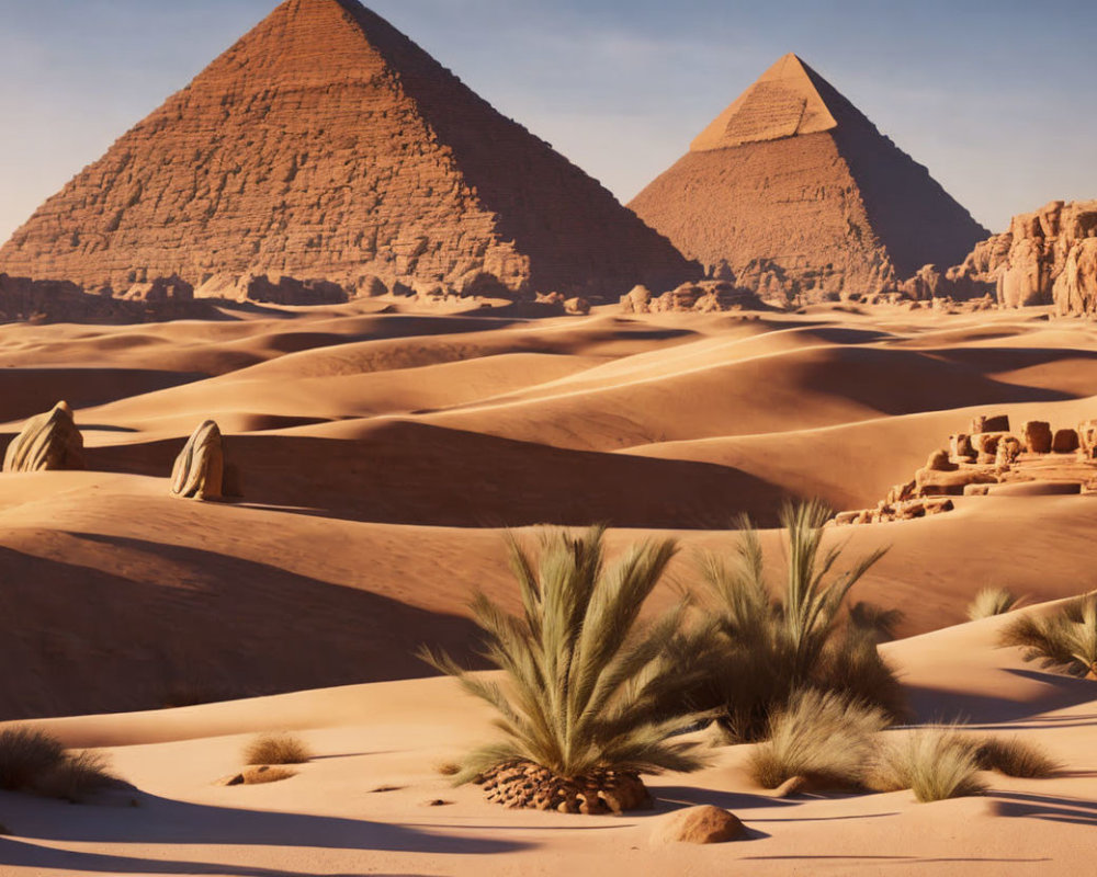 Desert landscape with rippling dunes, green plants, and pyramids under blue sky
