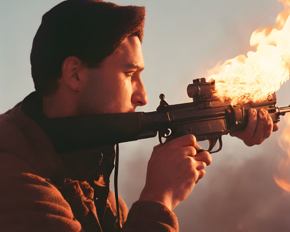 Man aiming rifle with muzzle flash against orange background.