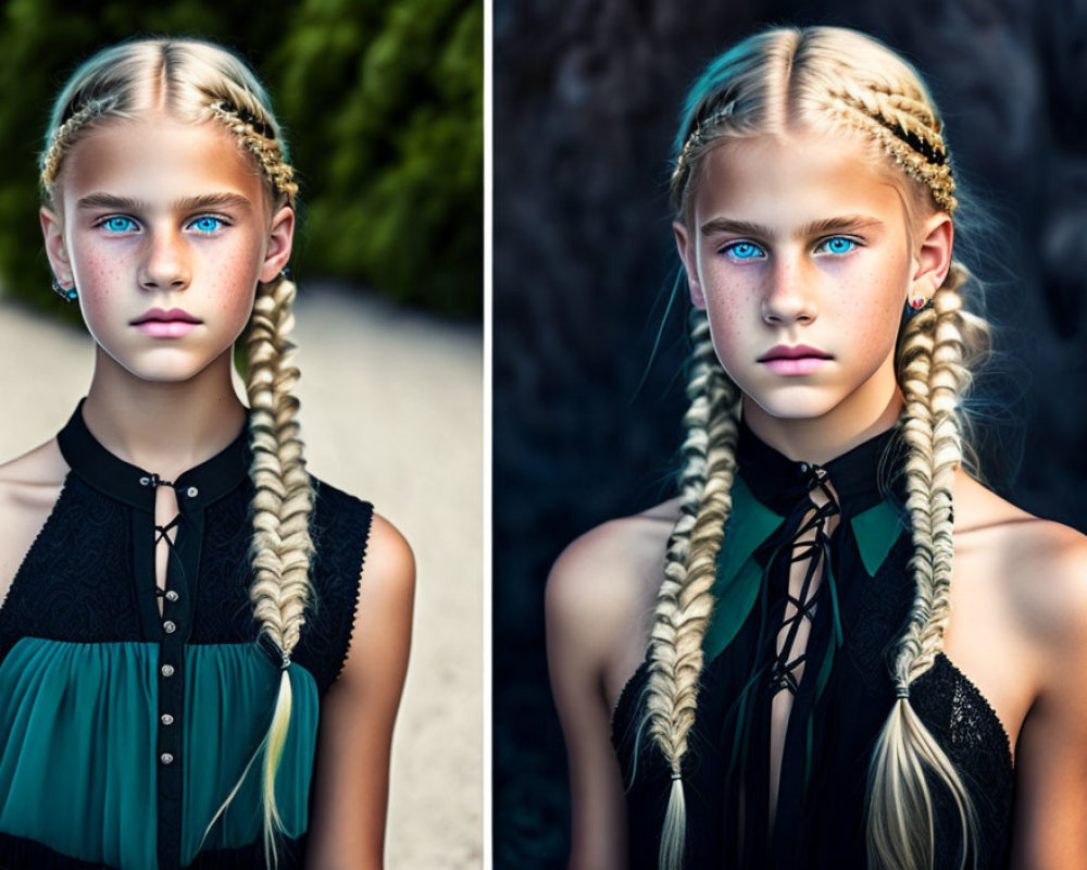 Portrait of a girl with blue eyes, blonde braided hair, black and green dress