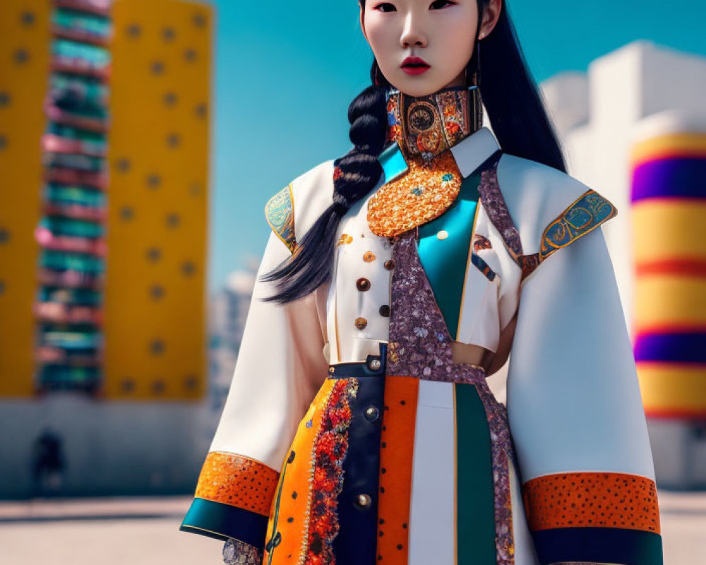 Colorful Modern Interpretation of Traditional Asian Attire Against Blue Sky