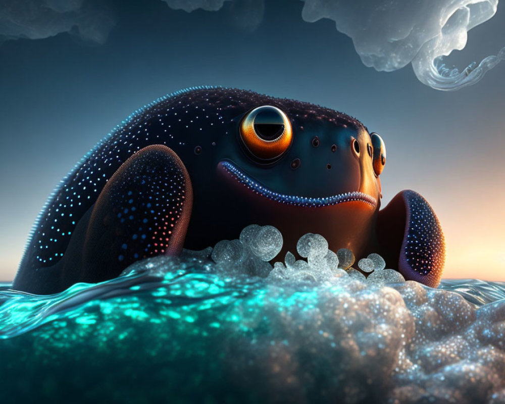 Stylized frog digital artwork with sparkling skin and big eyes