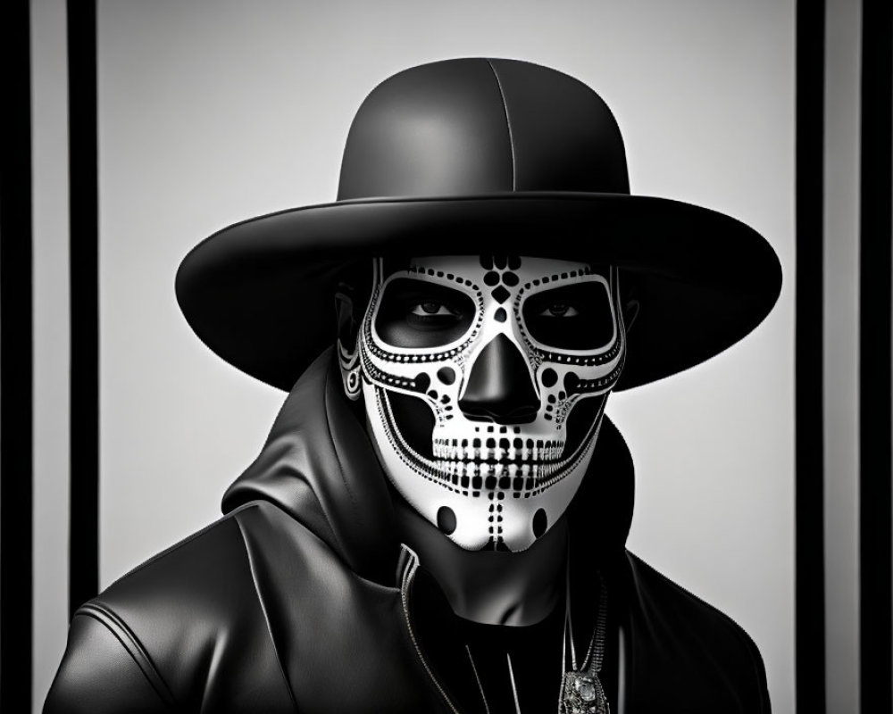 Person in Day of the Dead skull mask and wide-brimmed hat with black outfit.