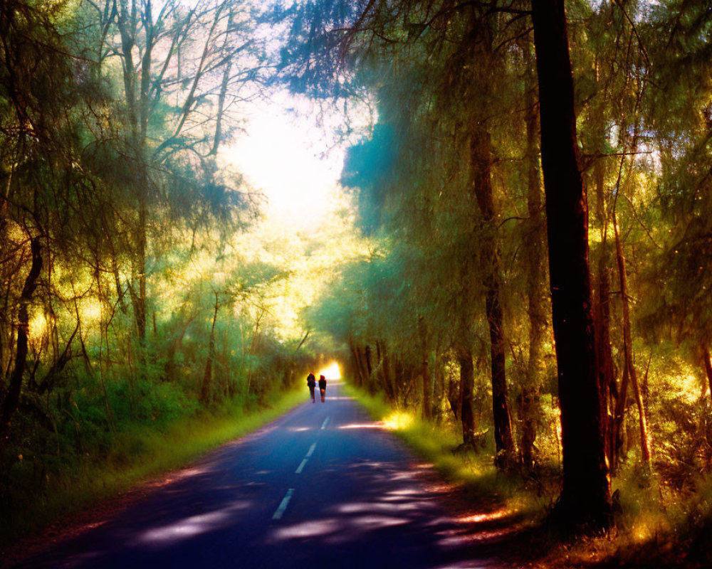 Sunlit Road with Two People Walking Among Lush Green Trees