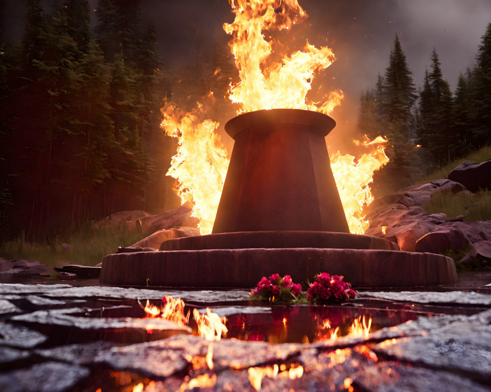 Outdoor cauldron with flames, trees, flowers, and dusky sky