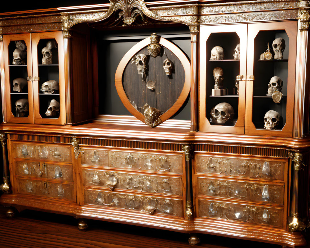 Wooden Cabinet with Glass Drawers Showcasing Human Skull Collection