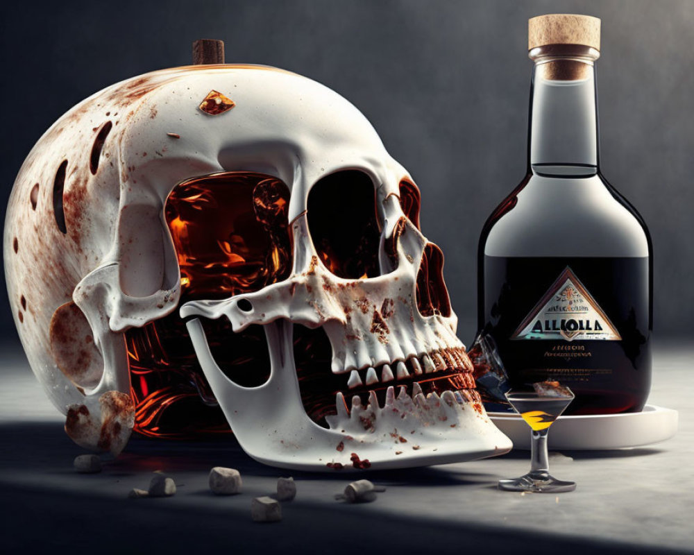 Stylized human skull with amber liquid compartment, "Alloila" bottle, and glass