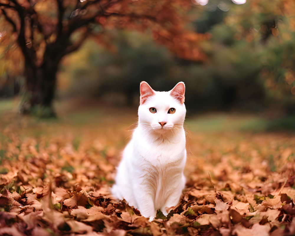 White Cat with Striking Eyes in Autumn Forest Scene