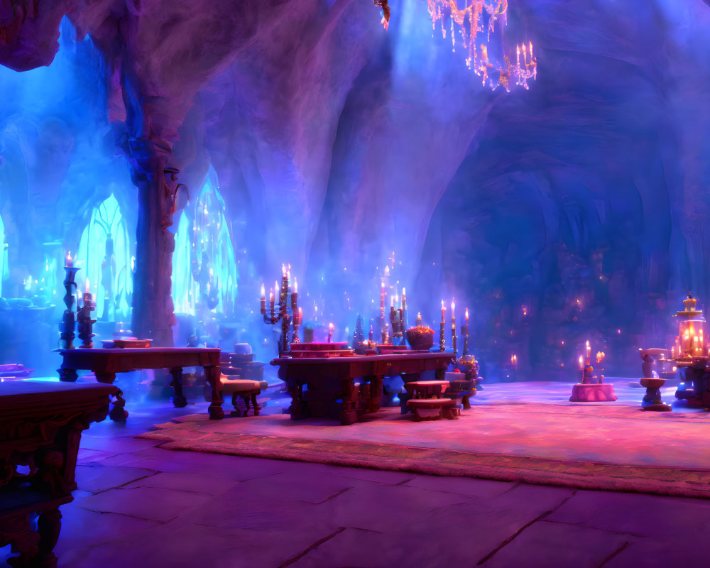 Mystical Cave with Blue and Purple Lights, Ornate Tables, Candles, and Crystal Ch