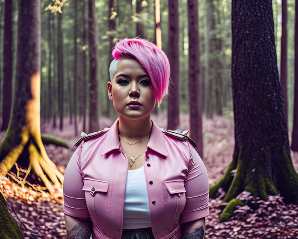 Pink-haired person in forest with soft lighting & trees