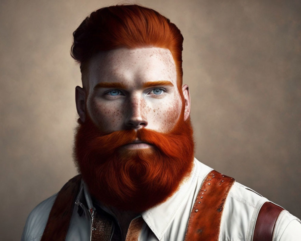 Portrait of a man with red beard, blue eyes, and leather vest