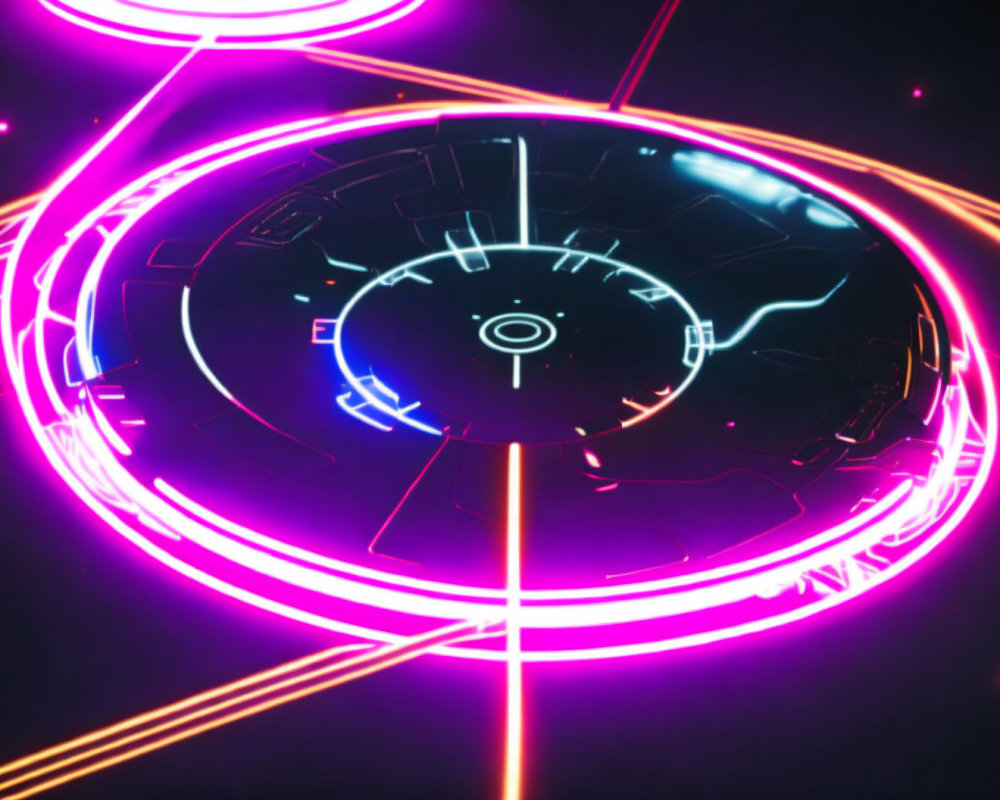 Vibrant pink and blue futuristic neon-lit portal with intricate circular patterns