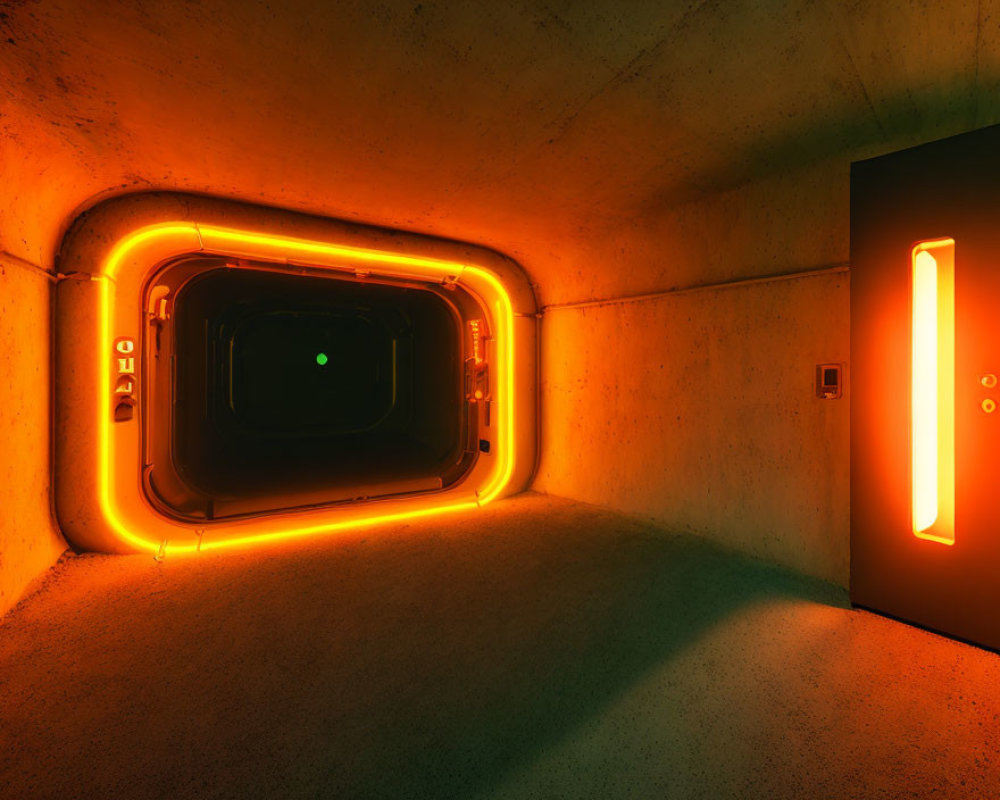 Dimly Lit Hallway with Neon Orange Lights and Airlock-Style Door