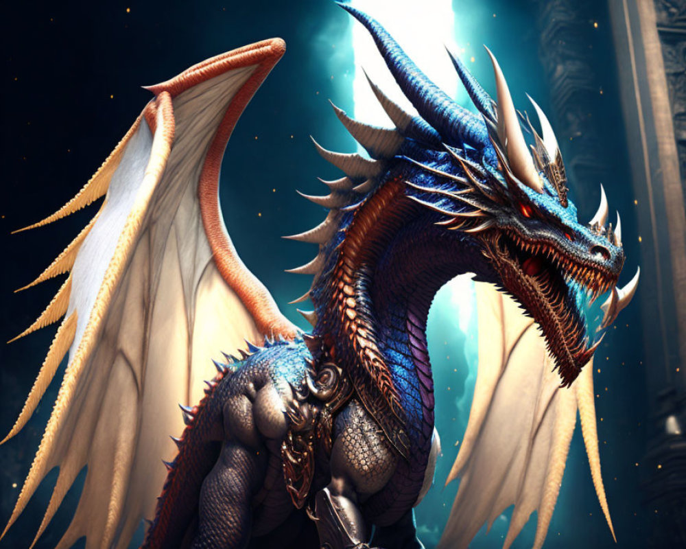 Blue Dragon with Webbed Wings and Horns in Ethereal Setting