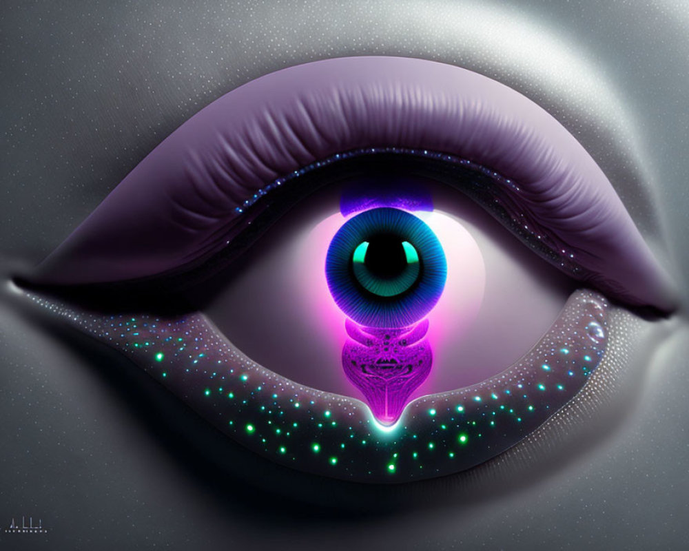 Vibrant purple eyeshadow and multicolored iris in stylized eye image