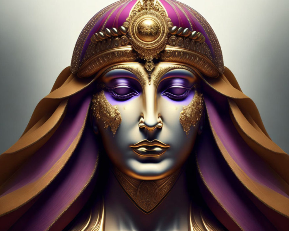 Serene face with golden detailing and purple eye shadow
