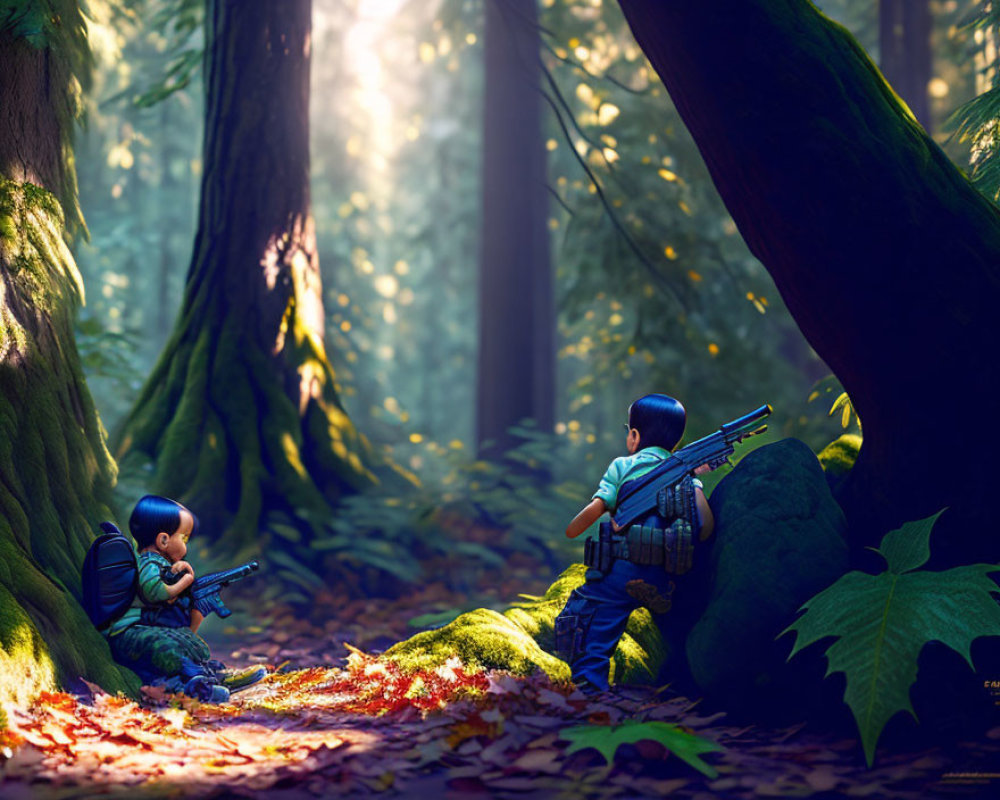 Children playing with toy guns in magical forest scenery