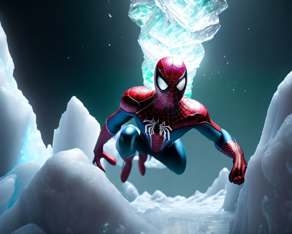 Spider-Man mid-jump between icy structures with levitating crystal.