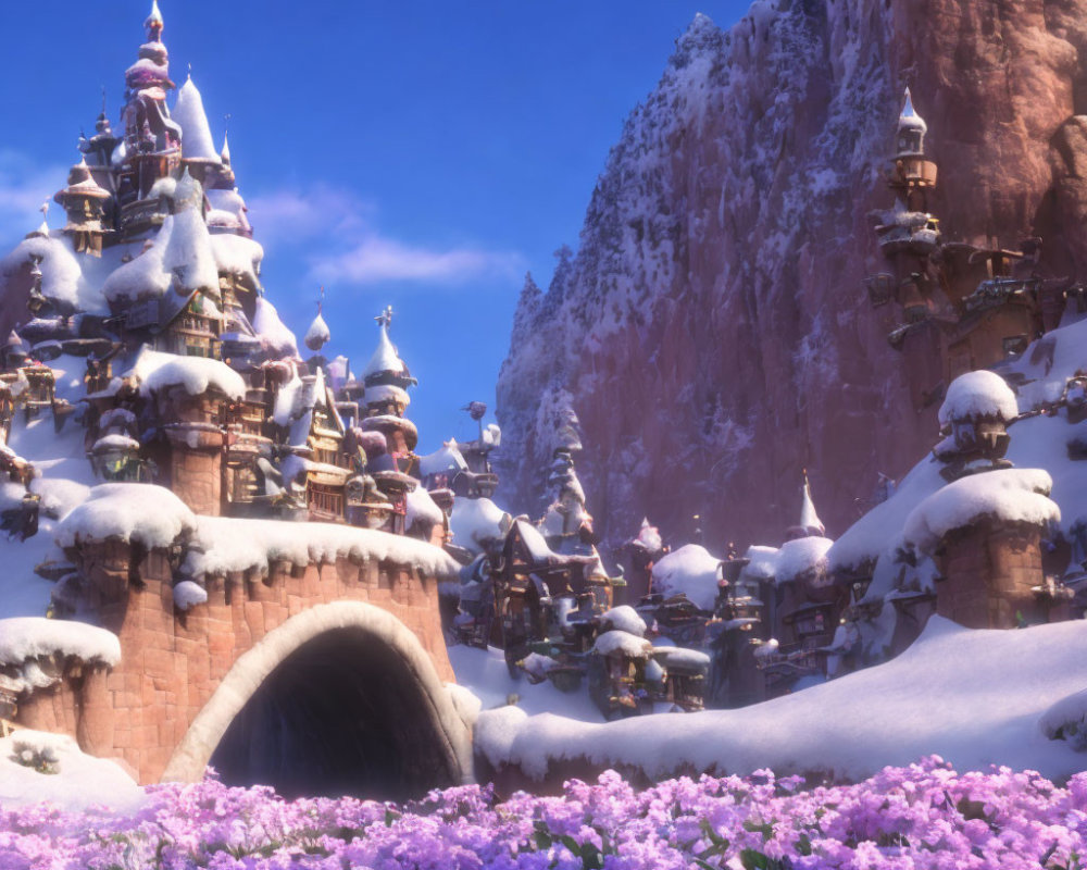 Snow-covered castle in mountain landscape with river bridge and purple flowers.