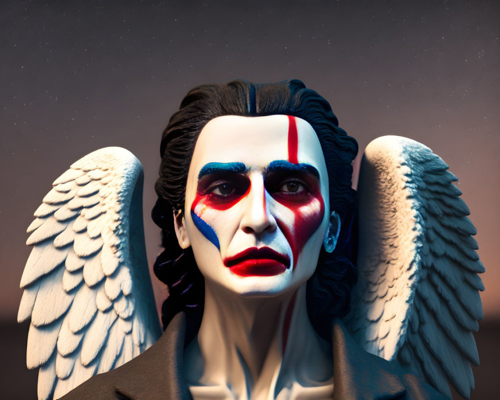 Character with White Wings and Dramatic Face Paint in 3D Illustration
