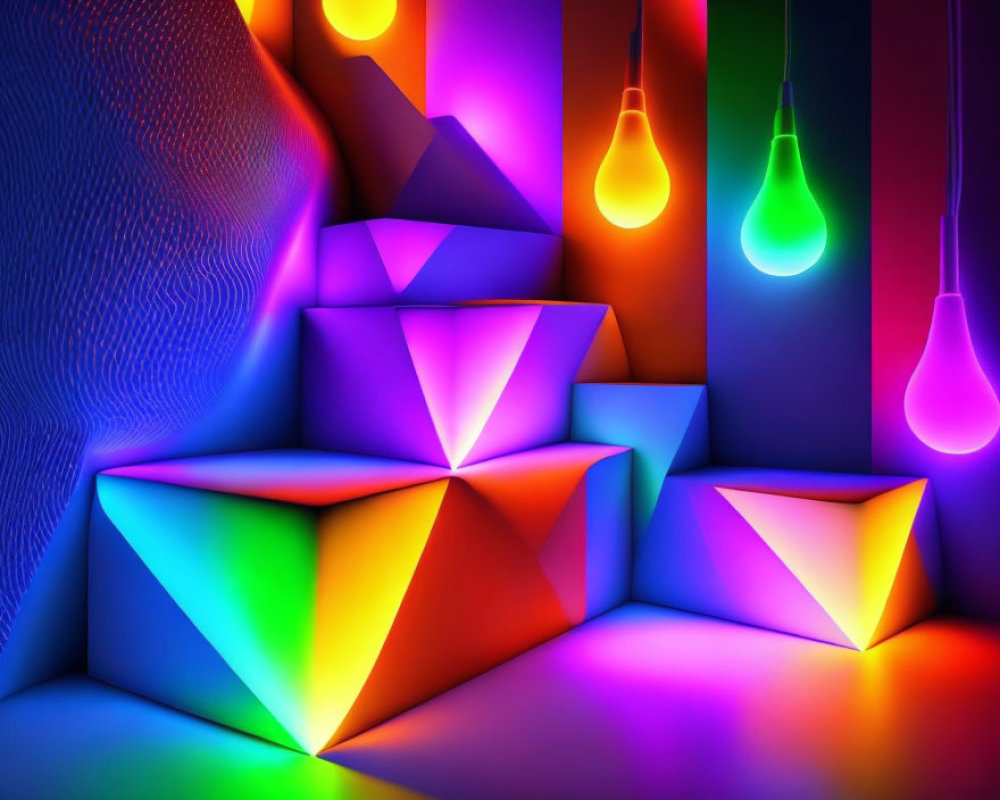 Vibrant hanging lights illuminate colorful geometric shapes on textured walls