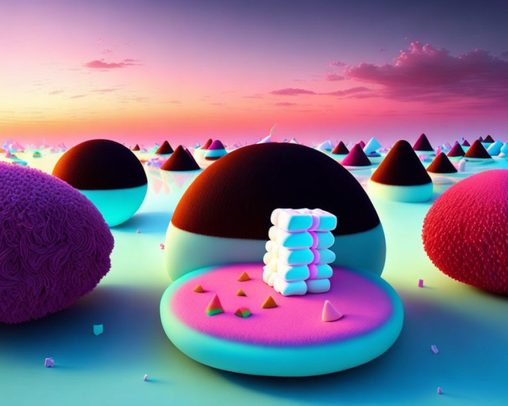 Colorful Surreal Landscape with Whimsical Objects at Dusk