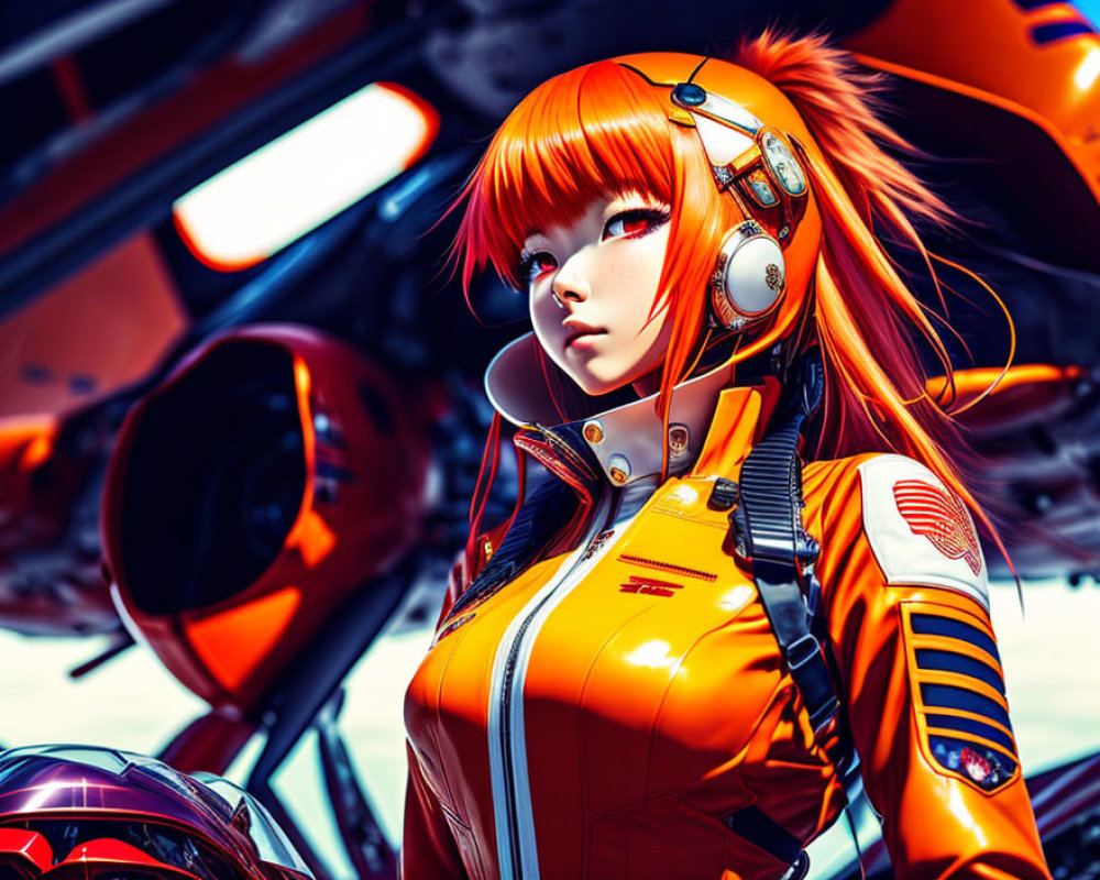 Orange-Haired Female Character in Futuristic Spacesuit with Headphones and Spacecraft