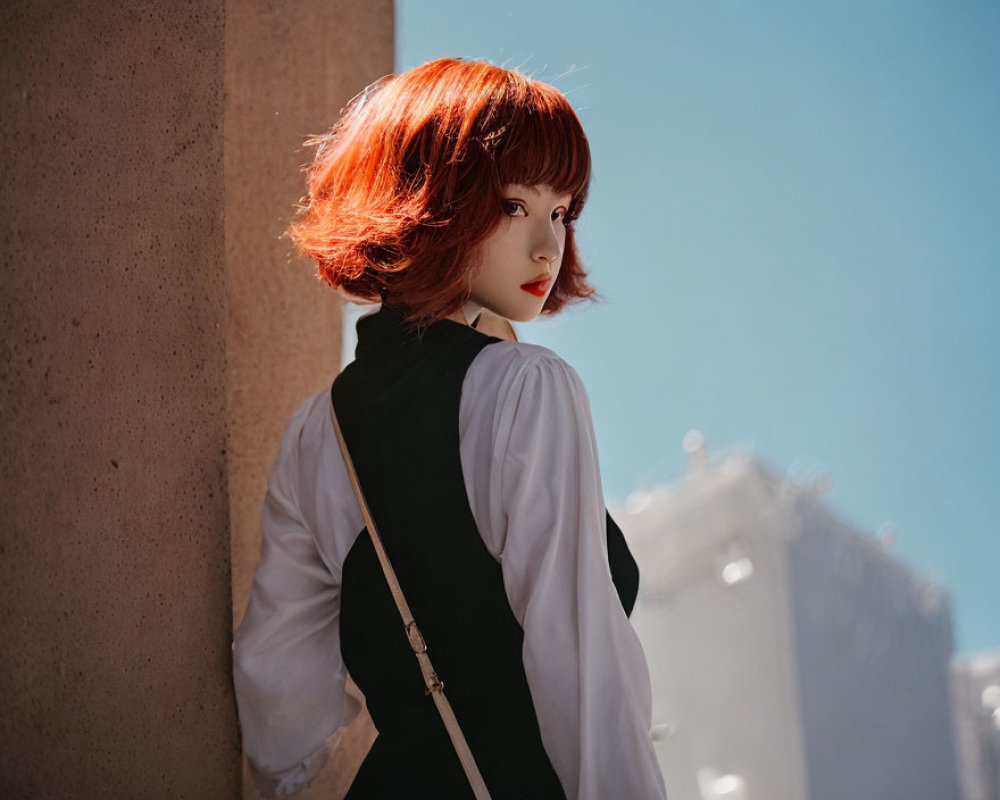 Vibrant red-haired person in white blouse and black vest against sunlit backdrop