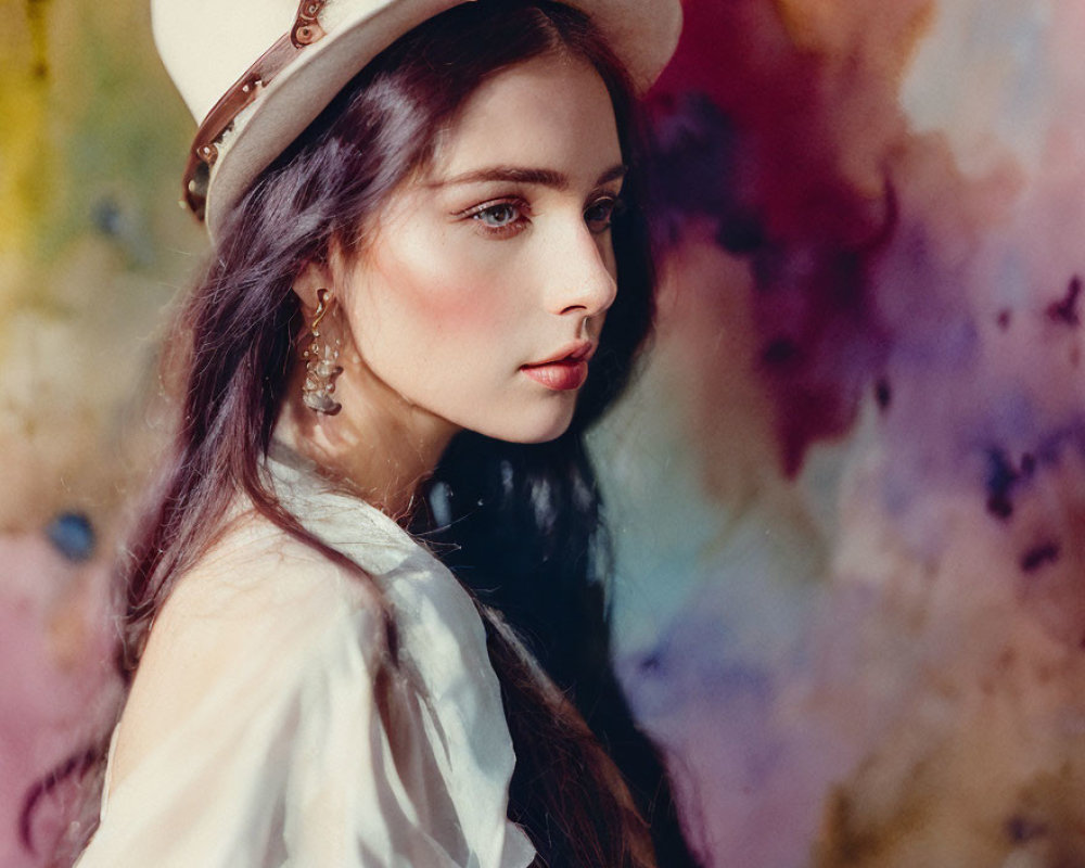 Striking woman in vintage hat against colorful backdrop
