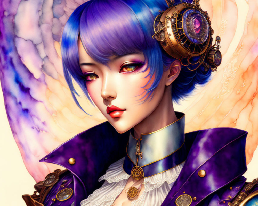 Detailed Steampunk Woman Illustration with Blue Hair and Gold Accessories