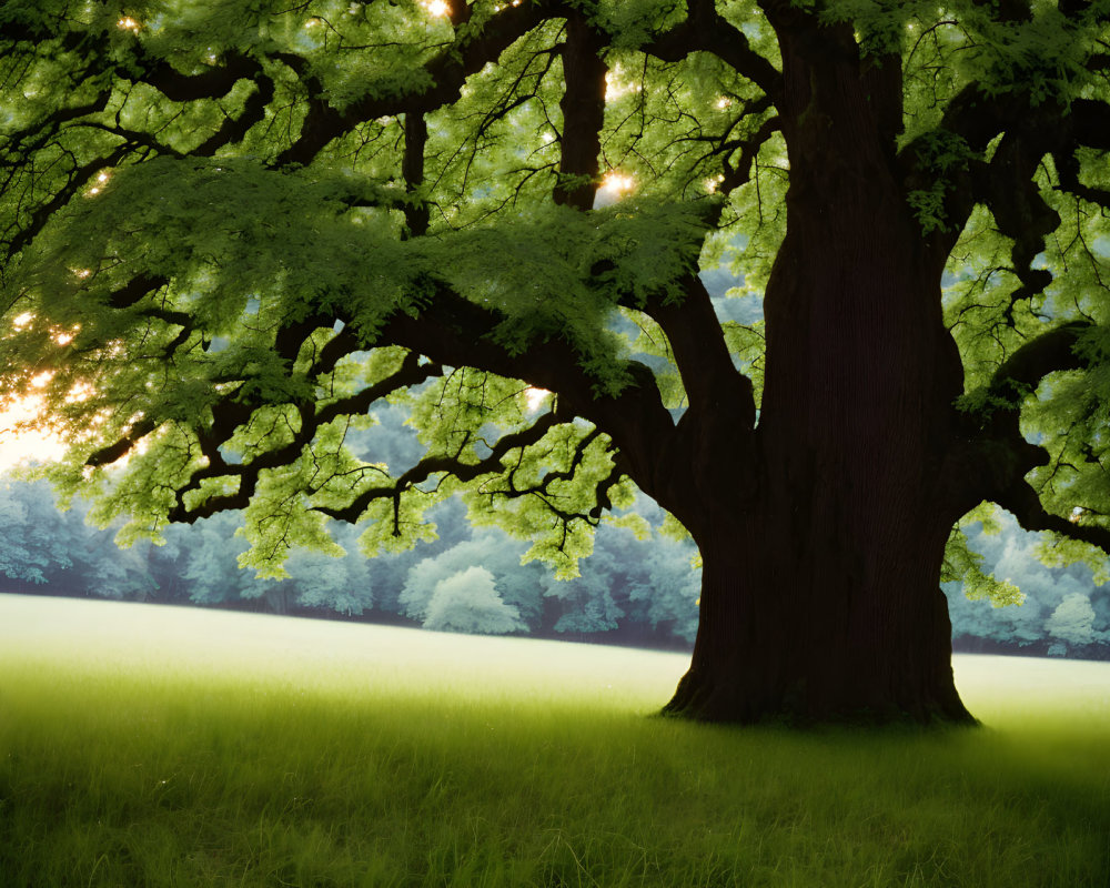 Large old tree with thick trunk and spreading branches in lush green meadow, bathed in sunlight.