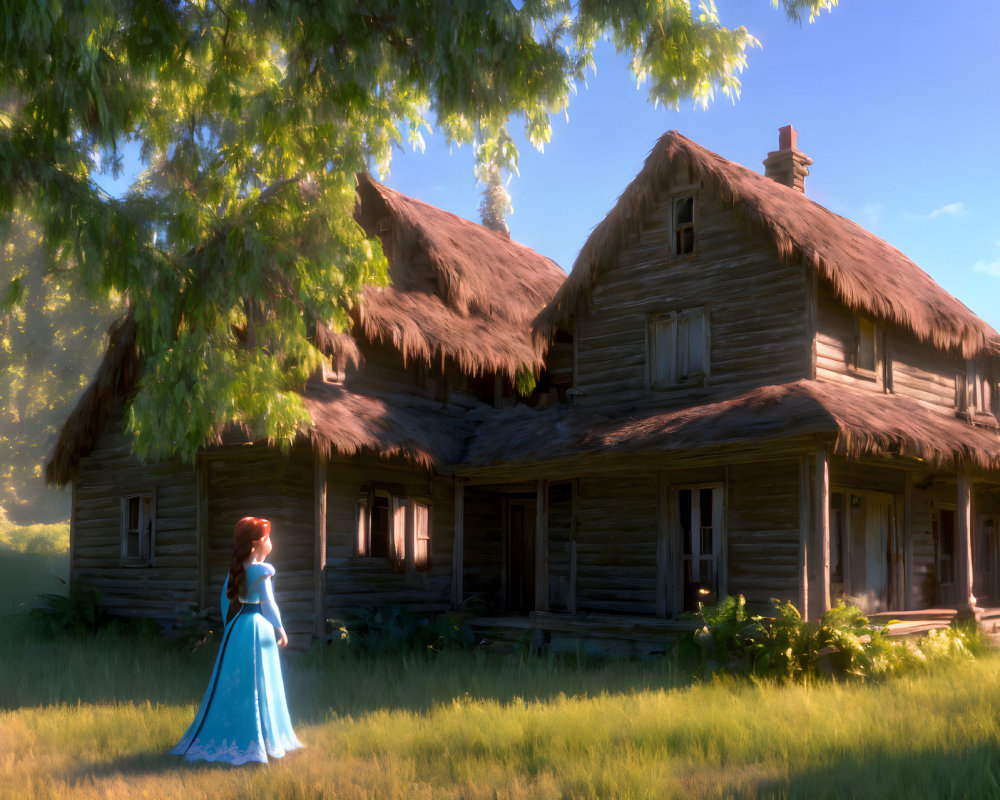 Digital artwork: Woman in blue dress at rustic cottage in lush greenery