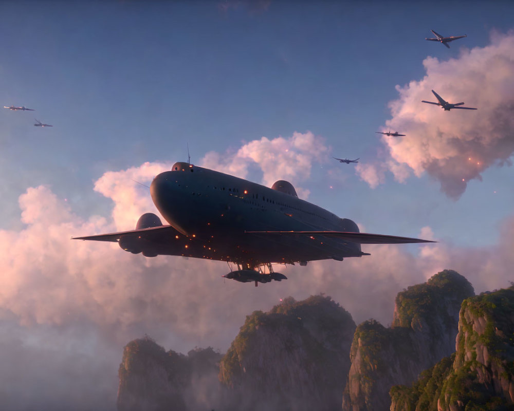 Retro-futuristic aircraft soar over misty green peaks at sunrise or sunset