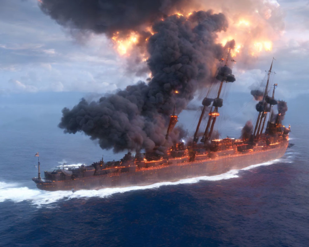 Enveloped Battleship in Flames on Open Sea at Dusk