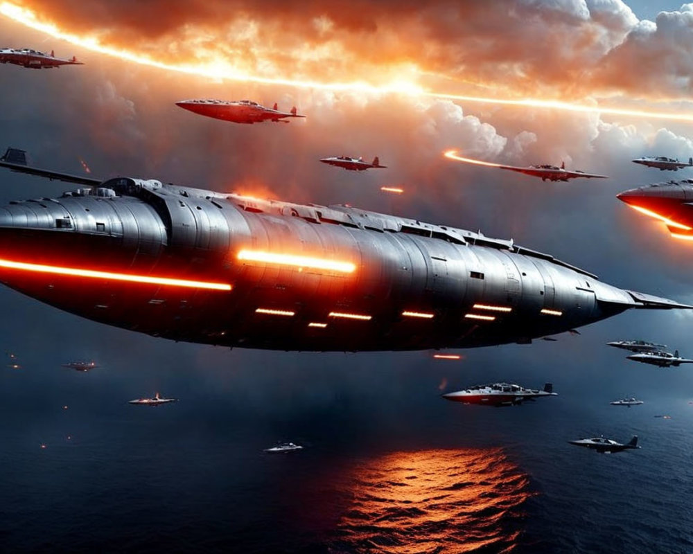 Futuristic silver airships over stormy sea with orange cloudscape