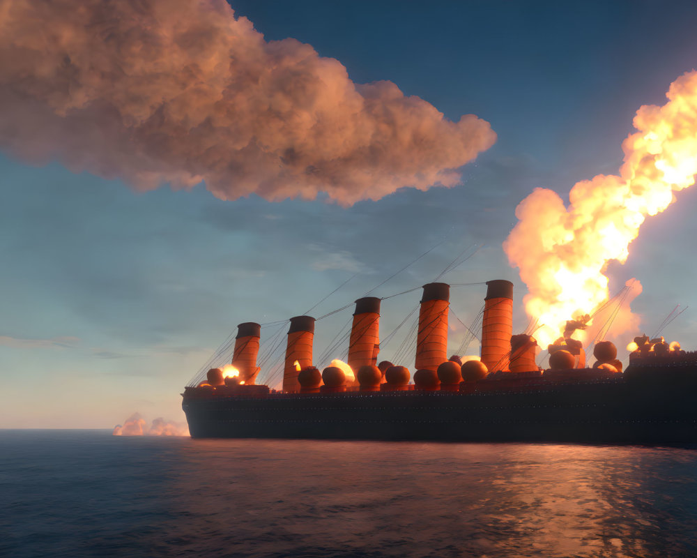Ocean liner ablaze at sea with smoke and flames at sunset