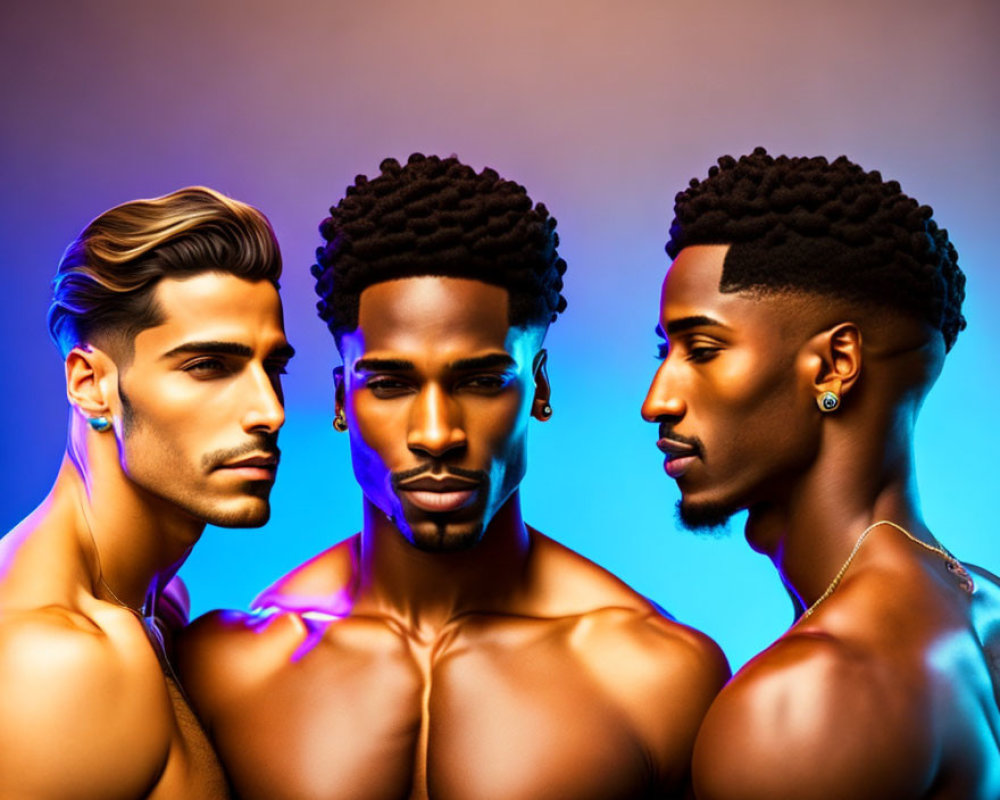 Stylized men with prominent features in warm-hued lighting