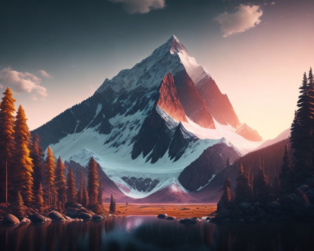 Snow-capped mountain in twilight forest scene