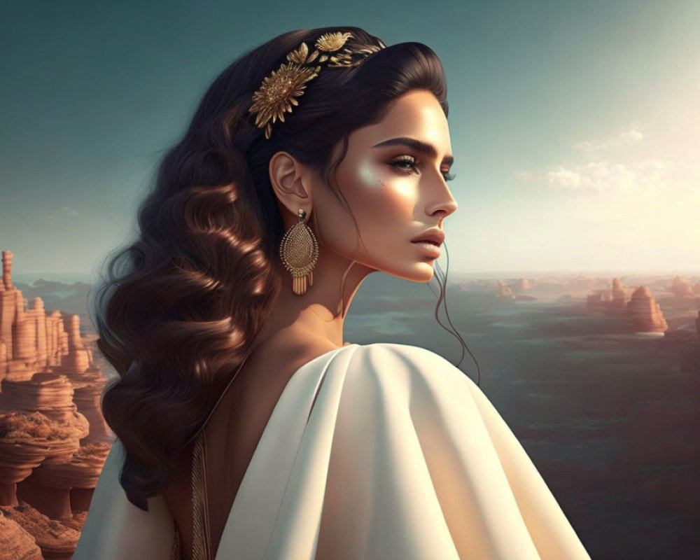 Digital artwork featuring woman with flowing hair, golden accessories, white dress, desert canyon backdrop.