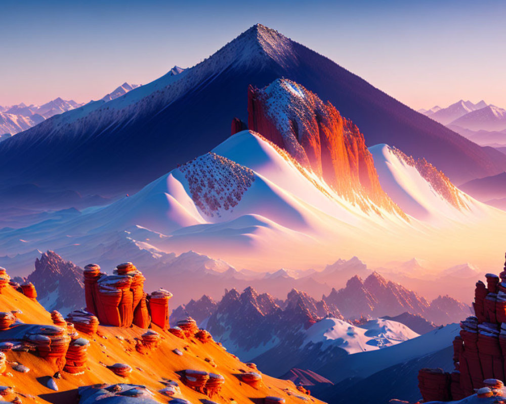 Snow-capped mountains and orange rock formations in vibrant landscape