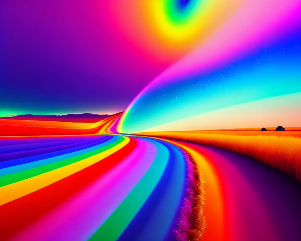 Colorful surreal landscape with rainbow road and silhouetted structures