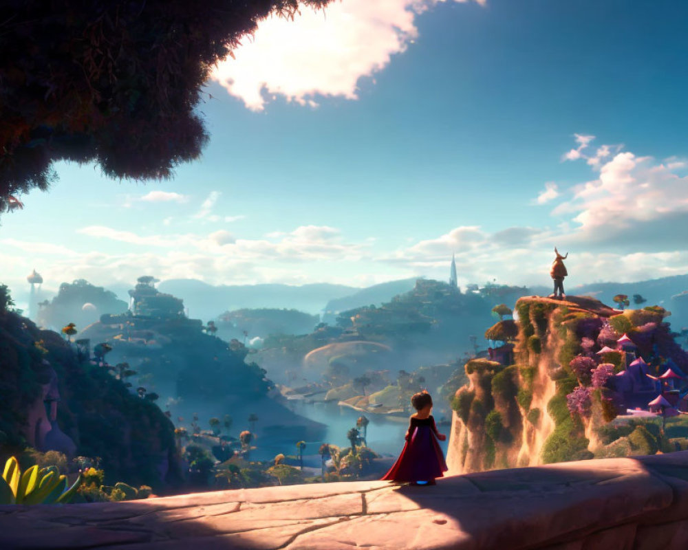 Scenic landscape with figure on cliff and lookout point character