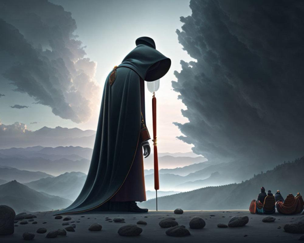 Cloaked figure with sword in mountain landscape facing travelers
